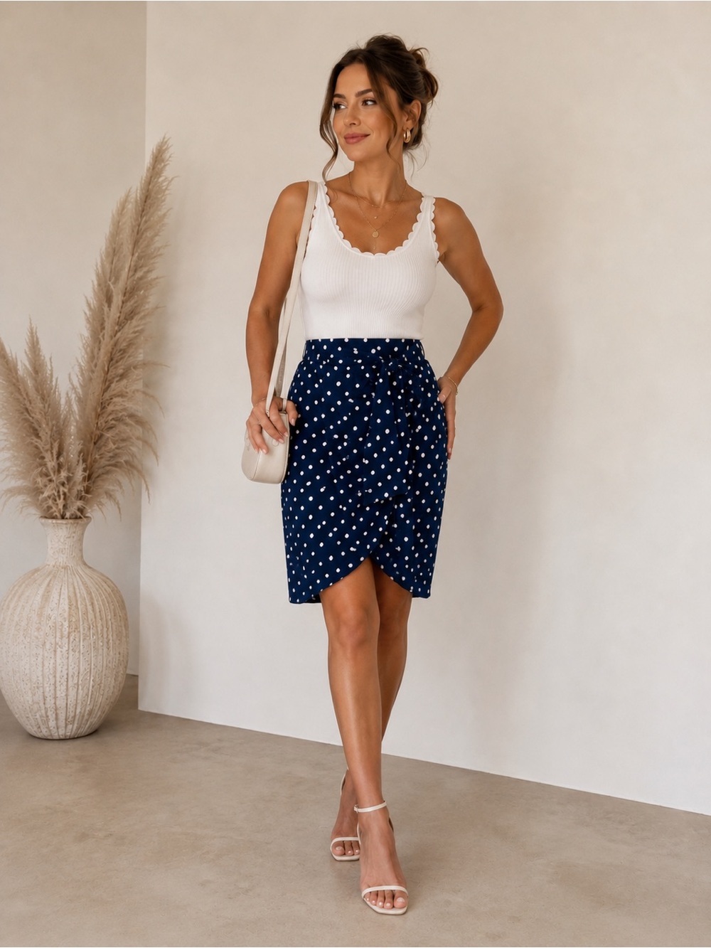 Dynamite Navy Polka Dot Wrap Skirt Front Knot sz medium